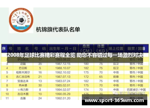 2008年足球比赛精彩赛程全览 助您不容错过每一场激烈对决